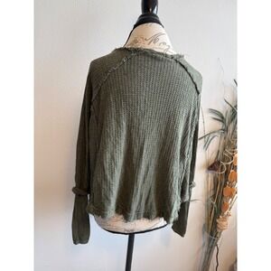 We The Free Free People‎ Mens Olive Green Waffle Thermal V-Neck Distressed Top